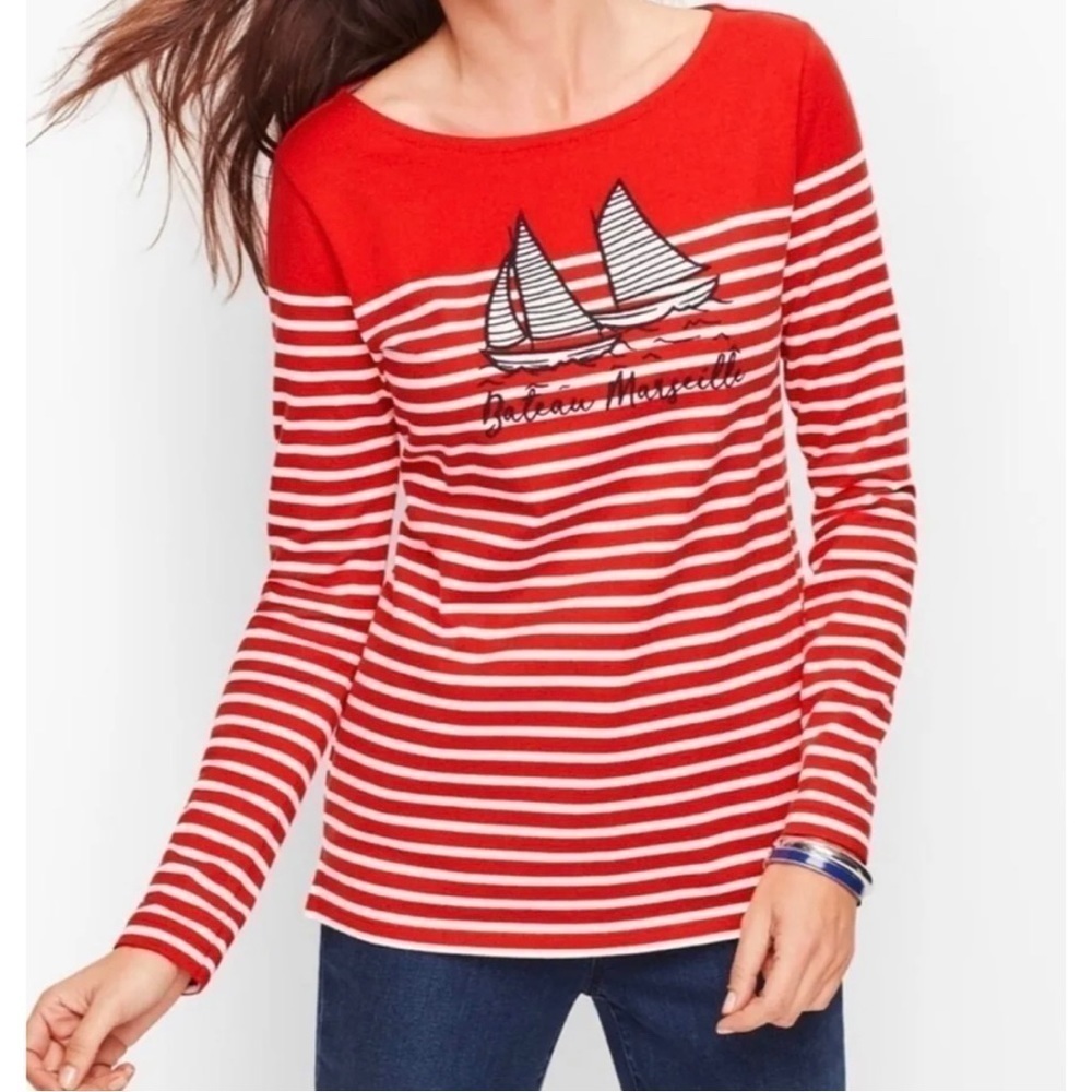 Talbots Sz P PXS Red White Stripe Sailboat Embroidered Blouse Top Nautical Women